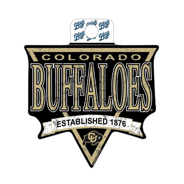 Triangle shaped sticker with "Colorado Buffaloes" written in center, with the CU Buffalo logo underneath a banner with "Established 1876" across it.